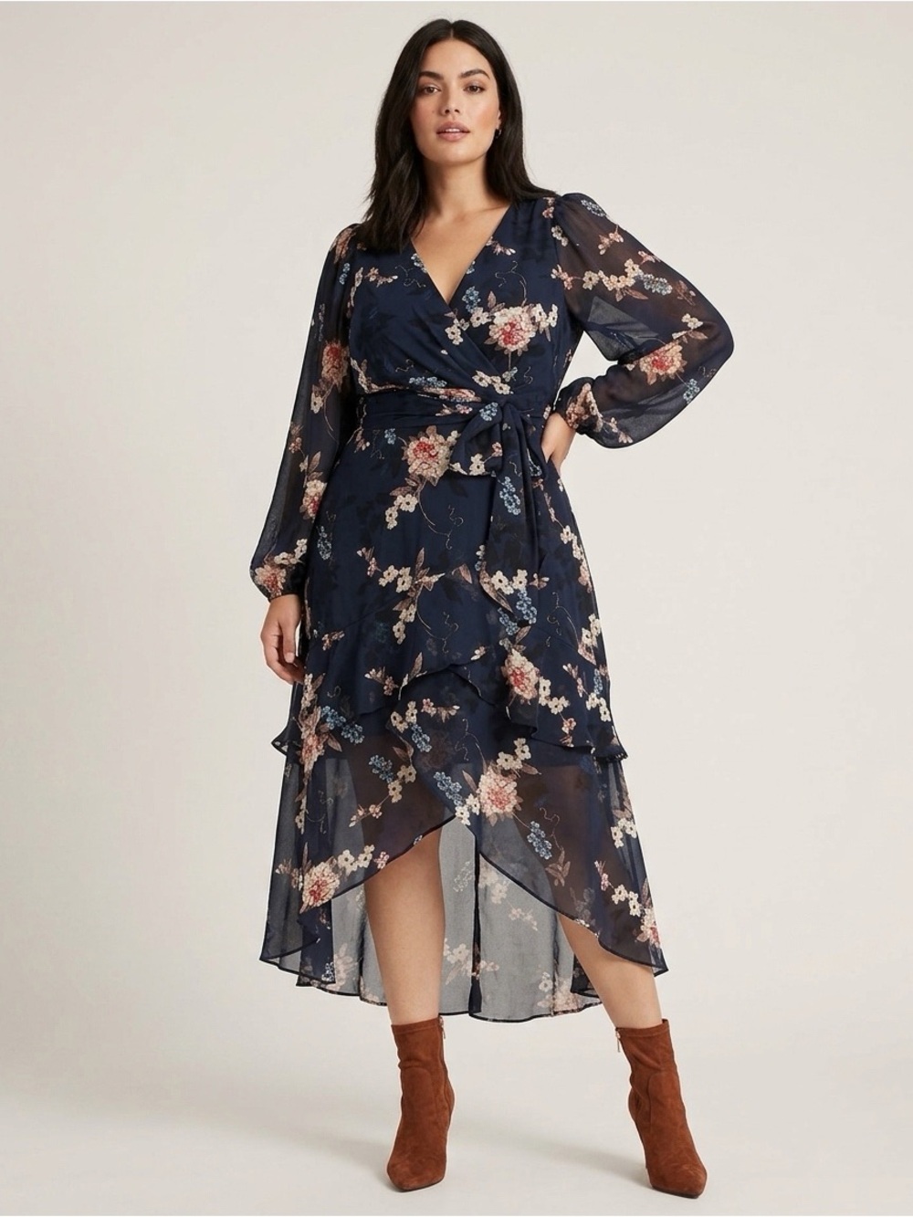 City Chic NWOT Floral Ruffle Faux Sheer Wrap High-Low Dress in Navy Size 20